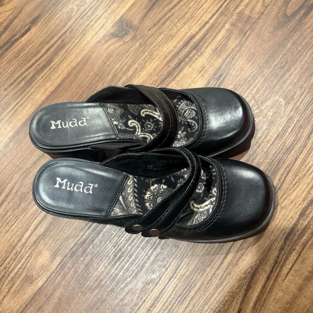 VTG Mudd Clogs Shoes Mary Jane Mule Black Y2k 90s Paisley Chunky Heel Size 9M